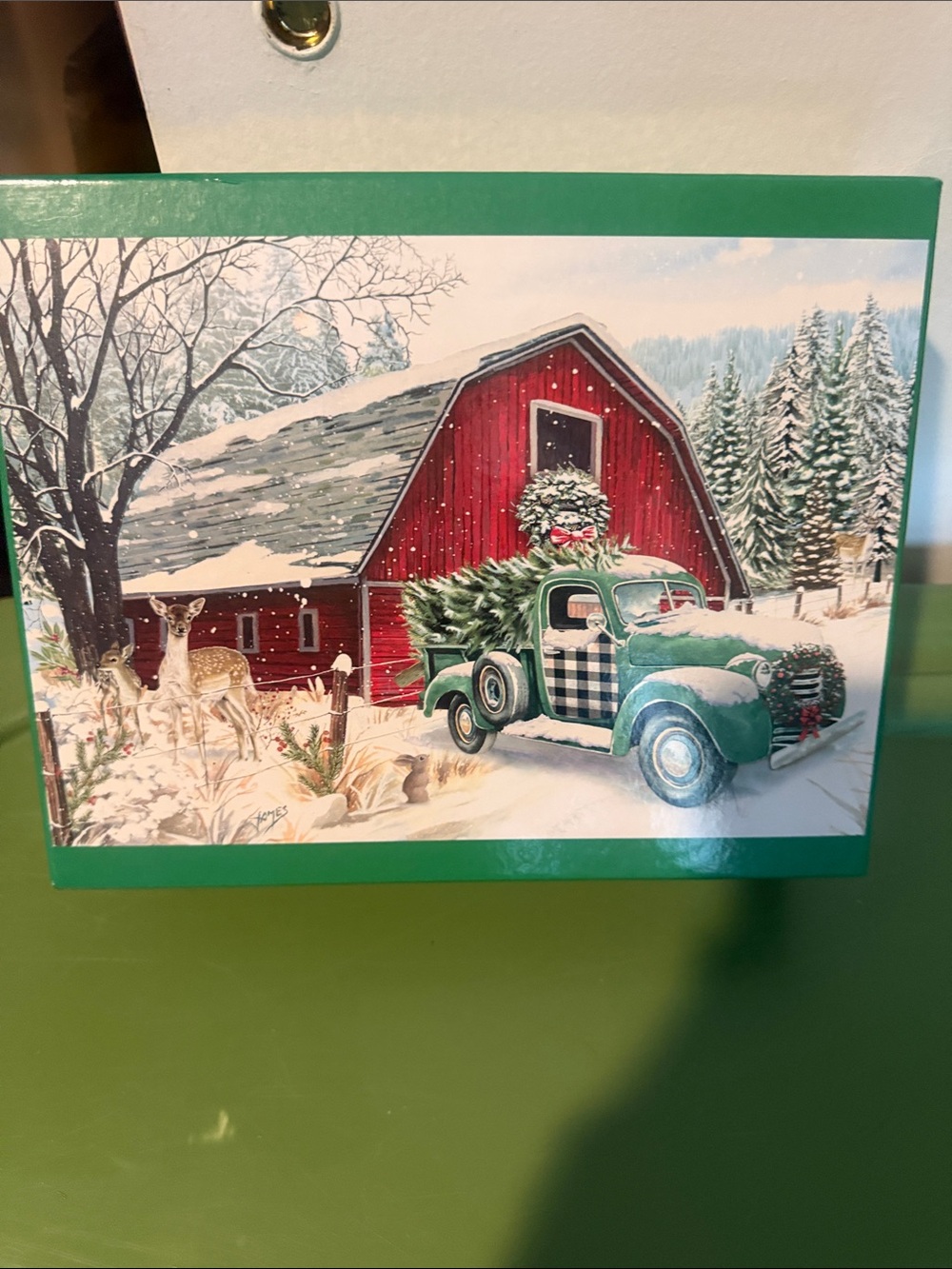 Holiday Barn Scene Canvas Print with Green Vintage Truck